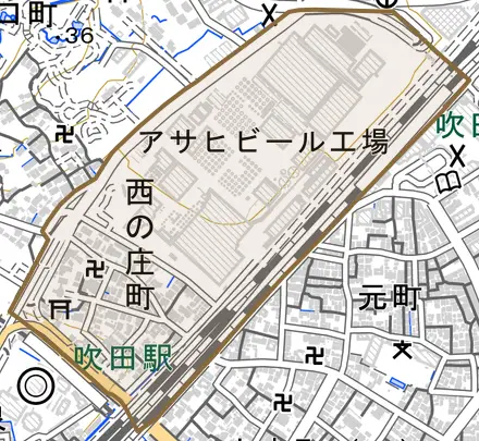 西の庄町とその周辺の地図。町の範囲を重ねている