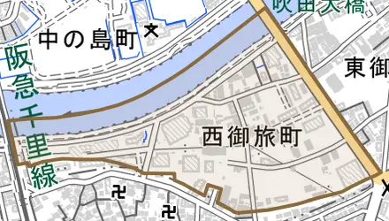西御旅町とその周辺の地図。町の範囲を重ねている