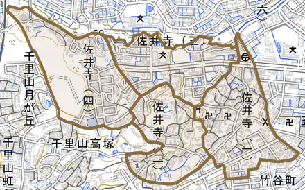 佐井寺とその周辺の地図。町の範囲を重ねている