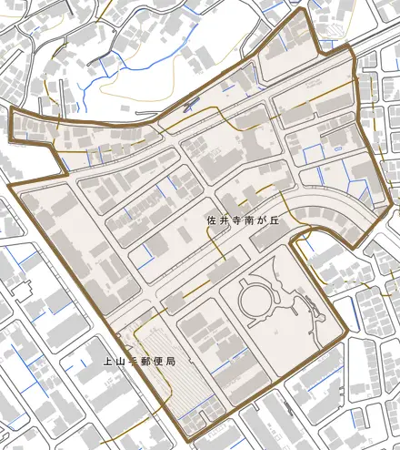 佐井寺南が丘とその周辺の地図。町の範囲を重ねている