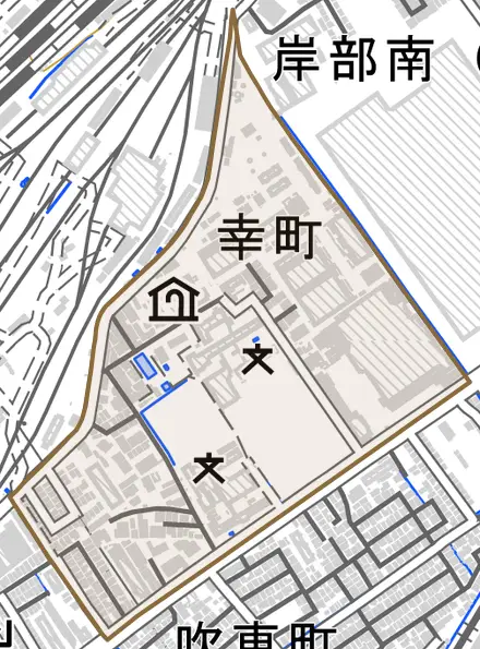幸町とその周辺の地図。町の範囲を重ねている