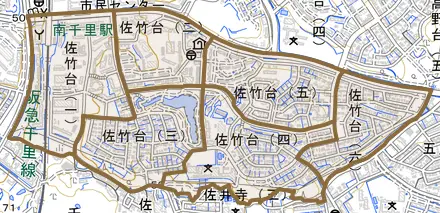 佐竹台とその周辺の地図。町の範囲を重ねている