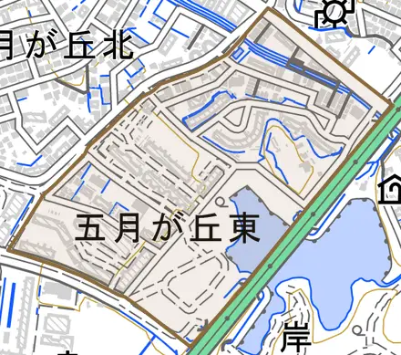 五月が丘東とその周辺の地図。町の範囲を重ねている
