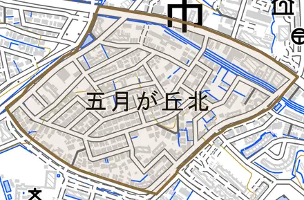 五月が丘北とその周辺の地図。町の範囲を重ねている
