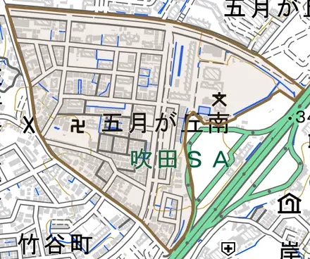 五月が丘南とその周辺の地図。町の範囲を重ねている