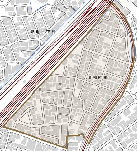 清和園町とその周辺の地図。町の範囲を重ねている