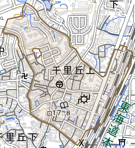 千里丘上とその周辺の地図。町の範囲を重ねている