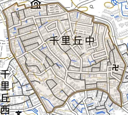 千里丘中とその周辺の地図。町の範囲を重ねている