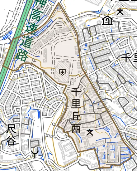千里丘西とその周辺の地図。町の範囲を重ねている