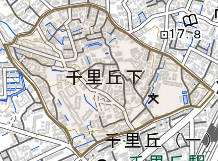 千里丘下とその周辺の地図。町の範囲を重ねている