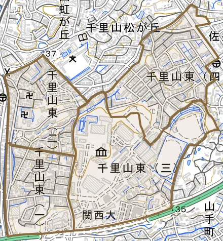 千里山東とその周辺の地図。町の範囲を重ねている