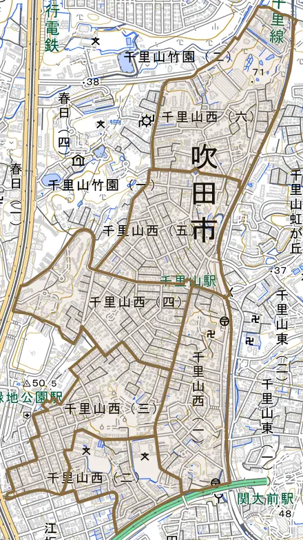 千里山西とその周辺の地図。町の範囲を重ねている