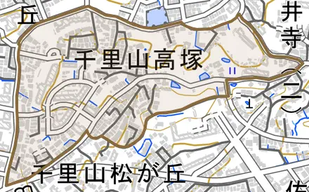 千里山高塚とその周辺の地図。町の範囲を重ねている