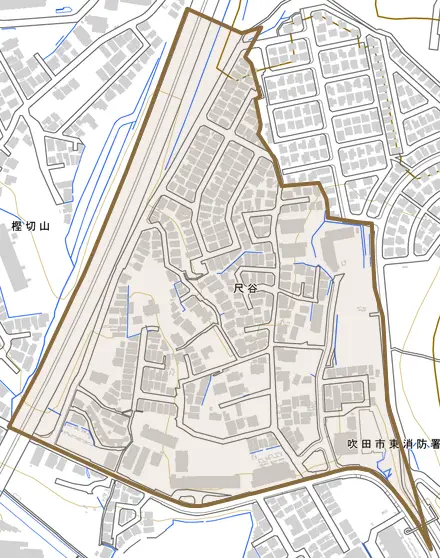尺谷とその周辺の地図。町の範囲を重ねている