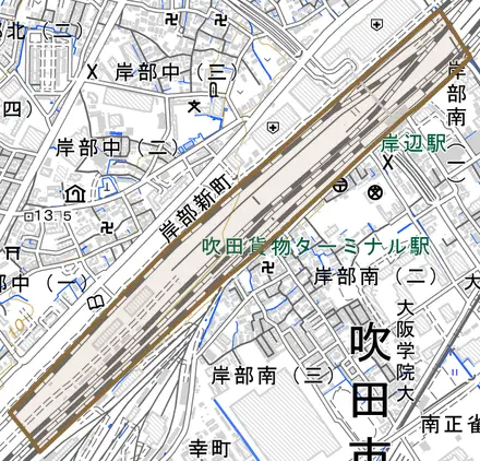 芝田町とその周辺の地図。町の範囲を重ねている