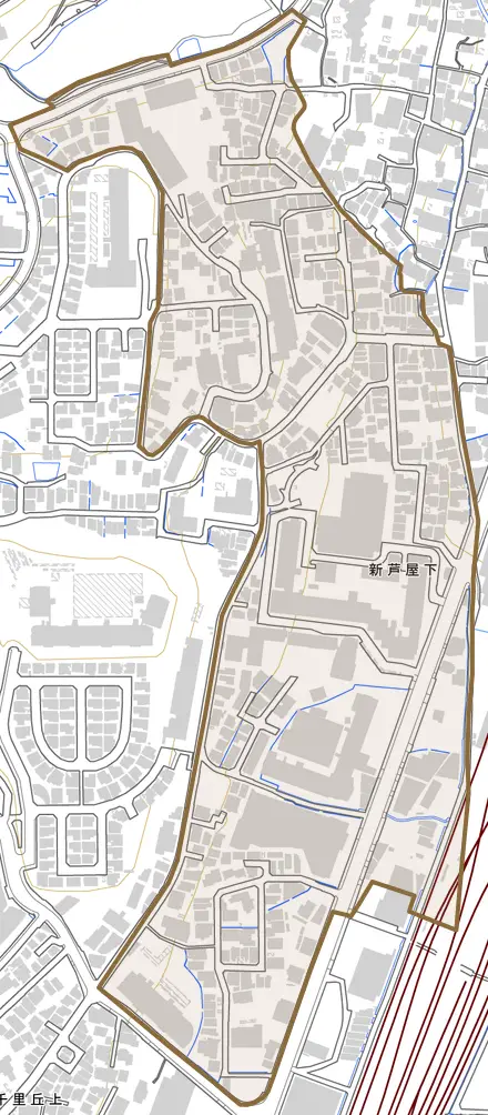 新芦屋下とその周辺の地図。町の範囲を重ねている