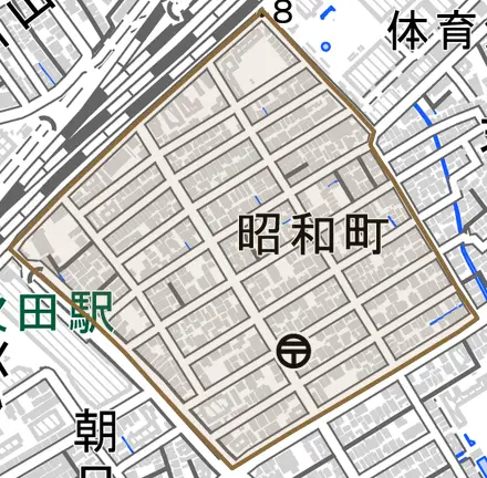 昭和町とその周辺の地図。町の範囲を重ねている
