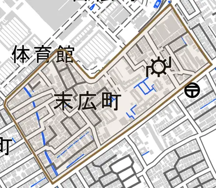 末広町とその周辺の地図。町の範囲を重ねている