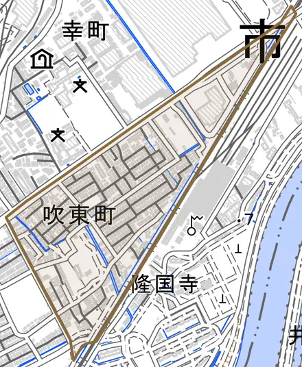吹東町とその周辺の地図。町の範囲を重ねている
