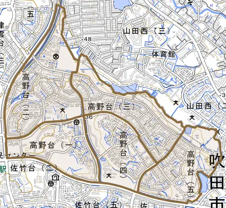 高野台とその周辺の地図。町の範囲を重ねている