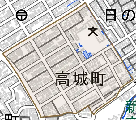 高城町とその周辺の地図。町の範囲を重ねている
