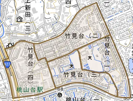 竹見台とその周辺の地図。町の範囲を重ねている