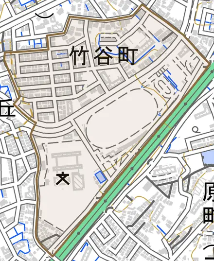 竹谷町とその周辺の地図。町の範囲を重ねている