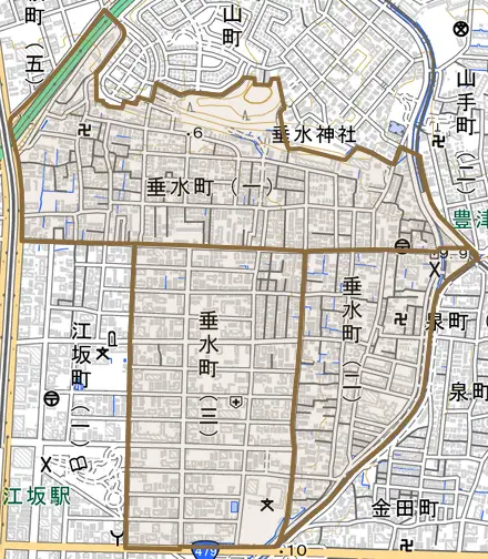垂水町とその周辺の地図。町の範囲を重ねている