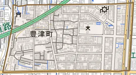 豊津町とその周辺の地図。町の範囲を重ねている