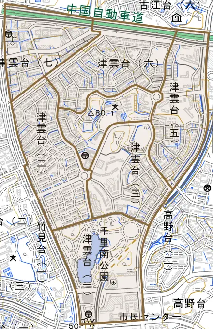 津雲台とその周辺の地図。町の範囲を重ねている