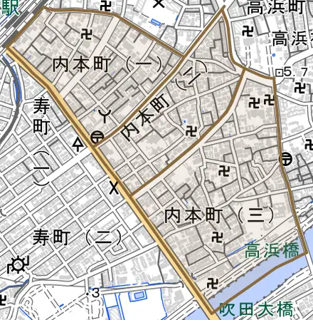 内本町とその周辺の地図。町の範囲を重ねている