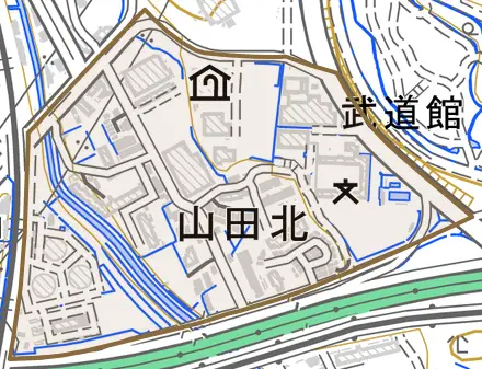 山田北とその周辺の地図。町の範囲を重ねている
