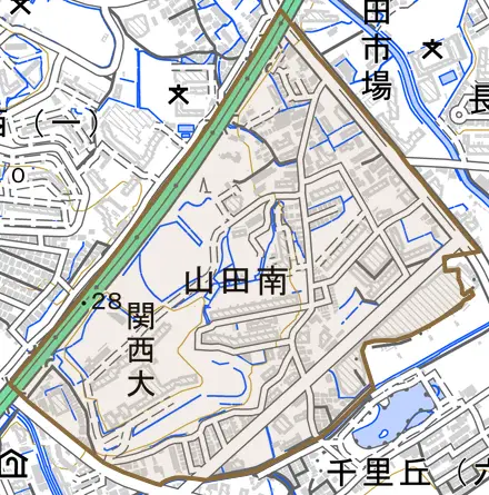 山田南とその周辺の地図。町の範囲を重ねている