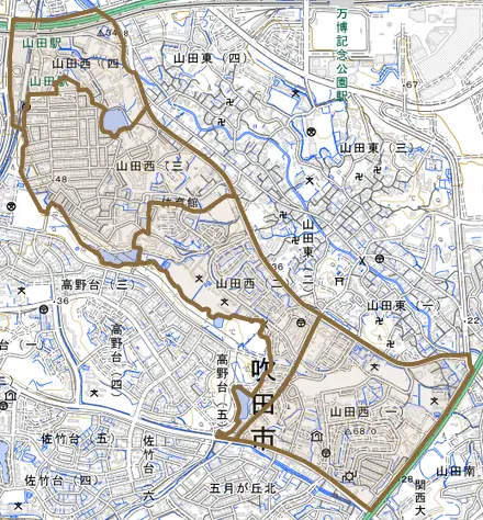 山田西とその周辺の地図。町の範囲を重ねている