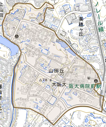 山田丘とその周辺の地図。町の範囲を重ねている