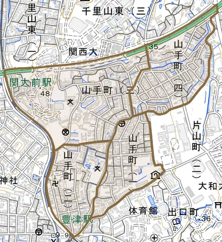 山手町とその周辺の地図。町の範囲を重ねている