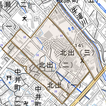 北出とその周辺の地図。町の範囲を重ねている