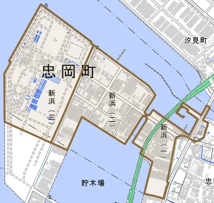 新浜とその周辺の地図。町の範囲を重ねている