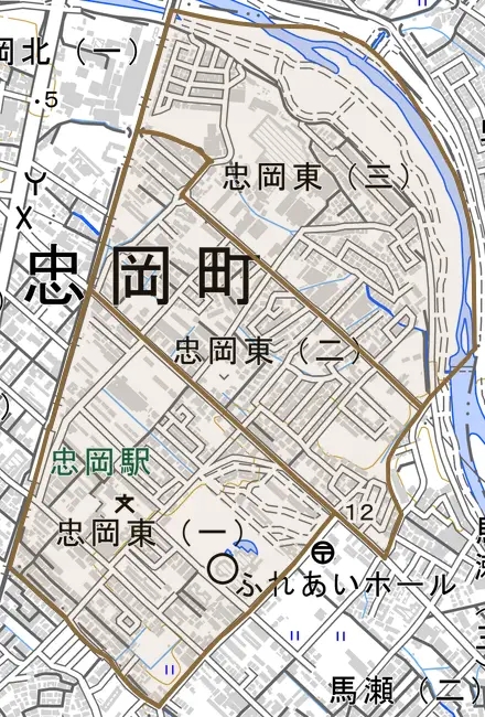 忠岡東とその周辺の地図。町の範囲を重ねている