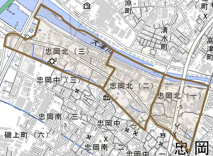 忠岡北とその周辺の地図。町の範囲を重ねている