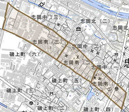 忠岡南とその周辺の地図。町の範囲を重ねている