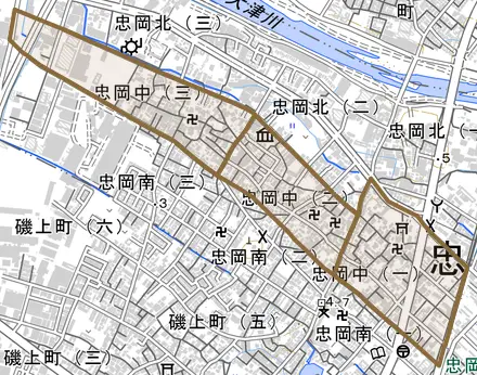 忠岡中とその周辺の地図。町の範囲を重ねている