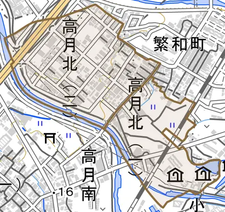 高月北とその周辺の地図。町の範囲を重ねている