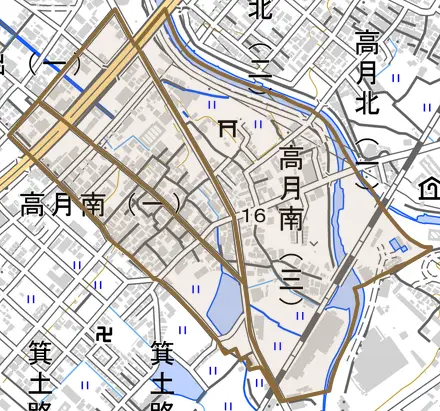 高月南とその周辺の地図。町の範囲を重ねている