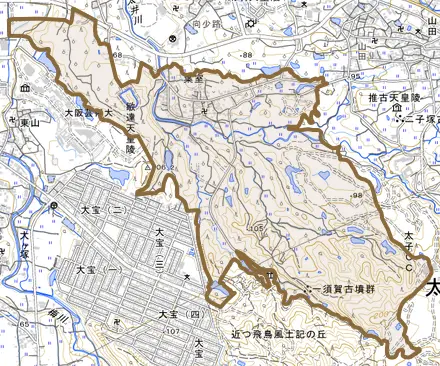 大字葉室とその周辺の地図。町の範囲を重ねている