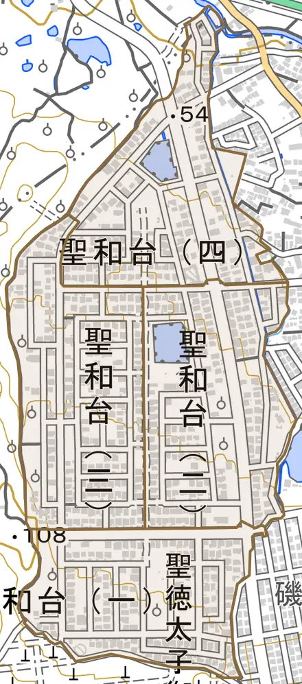 聖和台とその周辺の地図。町の範囲を重ねている