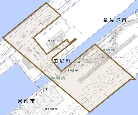 泉州空港中とその周辺の地図。町の範囲を重ねている