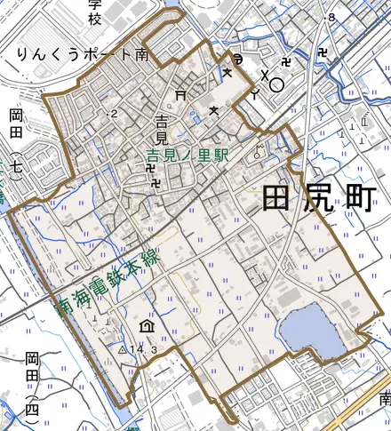 吉見とその周辺の地図。町の範囲を重ねている