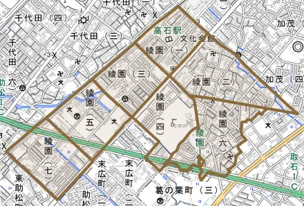 綾園とその周辺の地図。町の範囲を重ねている