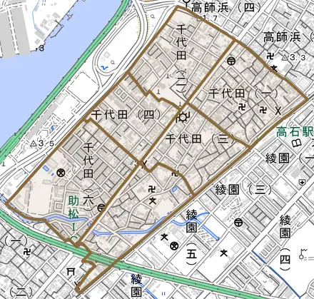 千代田とその周辺の地図。町の範囲を重ねている